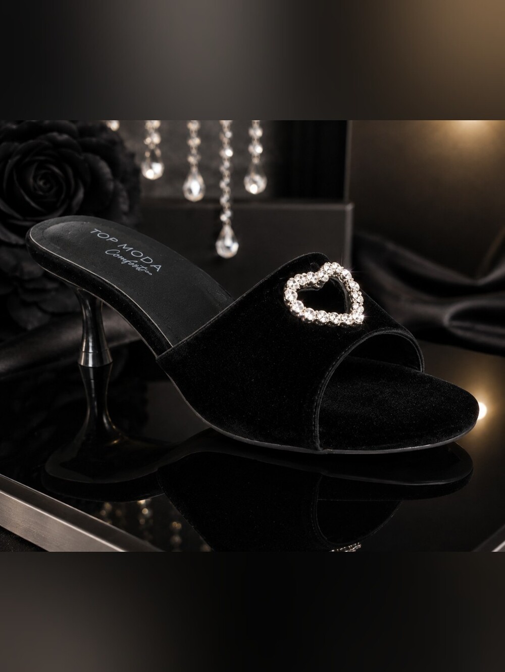 Top Moda “Angie” Black Nubuck Velvet Rhinestone Heart Slides